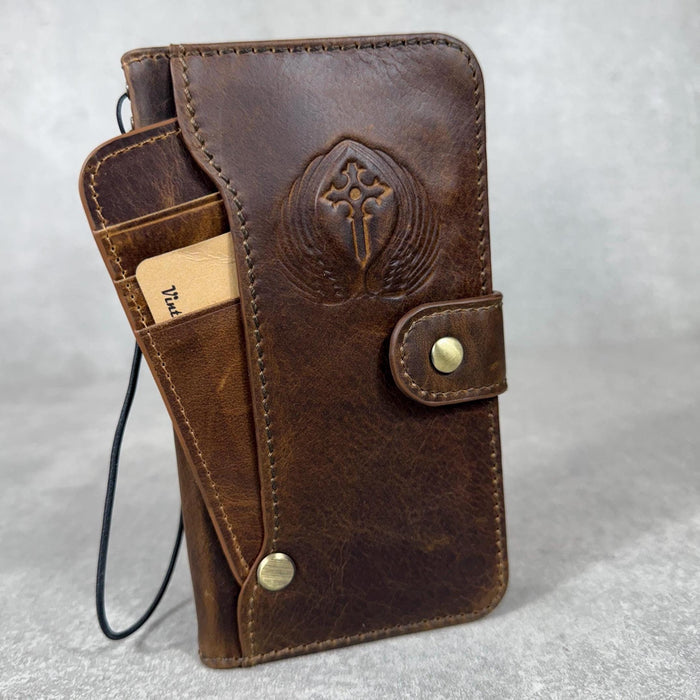 Embossed Leather iPhone Wallet Case: Vintage Book Style - iPhone 11 to 15 Pro Max