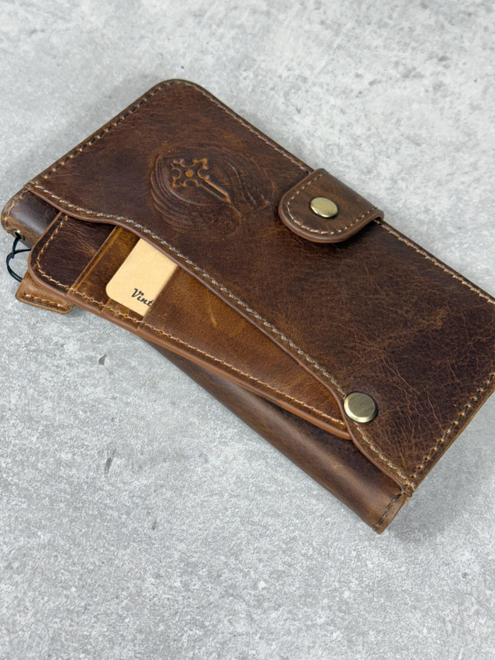 Embossed Leather iPhone Wallet Case: Vintage Book Style - iPhone 11 to 15 Pro Max