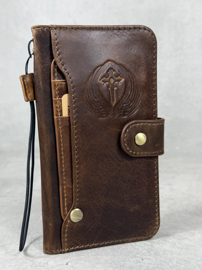 Embossed Leather iPhone Wallet Case: Vintage Book Style - iPhone 11 to 15 Pro Max