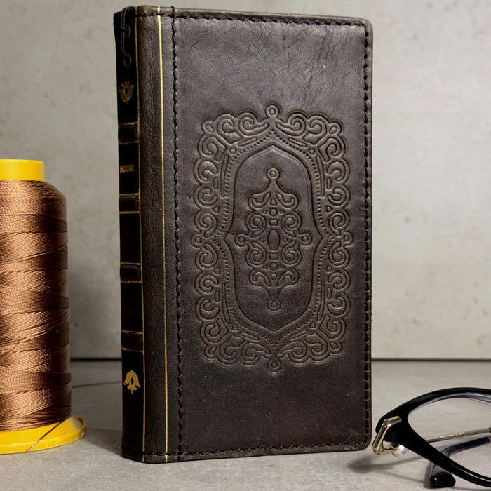 Embossed Leather iPhone Wallet : Vintage Book Style - iPhone 8 to 17 Pro Max