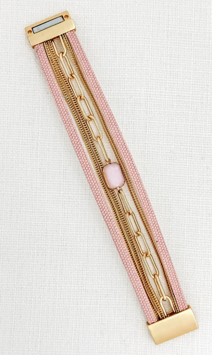 Envy Jewellery - Pink faux leather and gold chain multi strand bracelet
