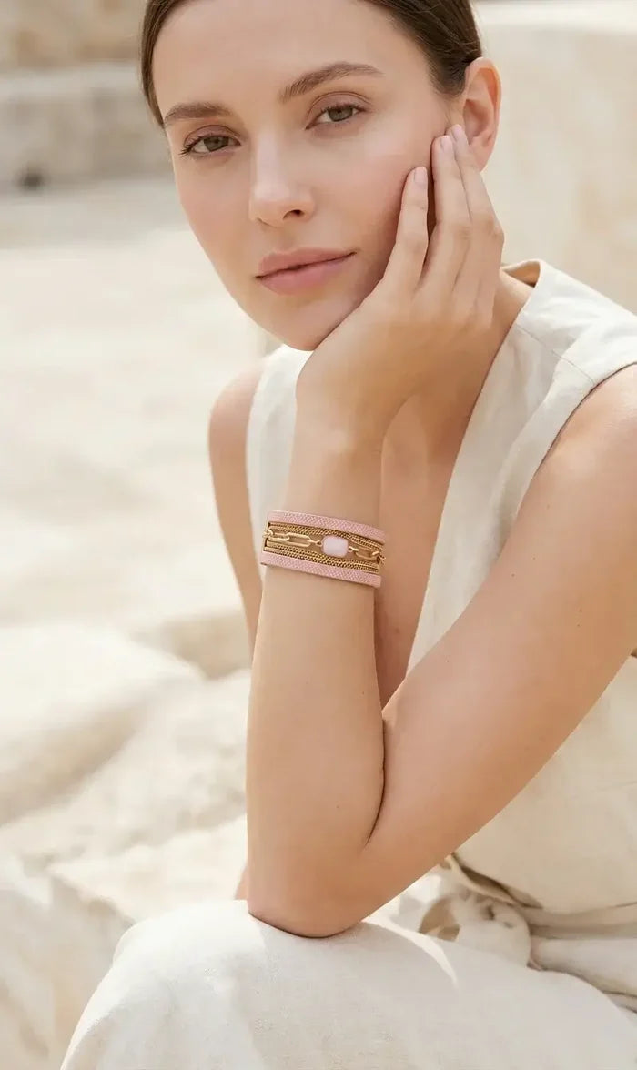 Envy Jewellery - Pink faux leather and gold chain multi strand bracelet