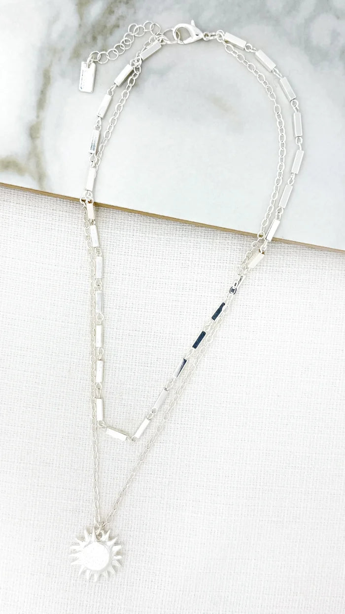 Envy Jewellery - Short silver double layer necklace with sunburst pendant