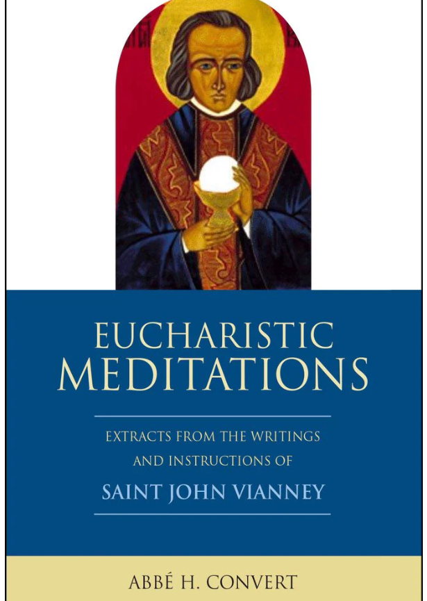Book cover of 'Eucharistic Meditations' by Abbé H. Convert with a religious icon and blue background.