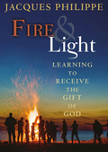 Book cover of 'Fire & Light' by Jacques Philippe with a group of people around a bonfire at sunset.