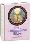 First Communion Bible with religious iconography on a white background
