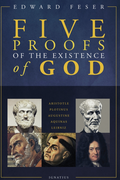 Book cover of 'Five Proofs of the Existence of God' by Edward Feser with images of philosophers on a blue background.