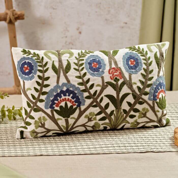 Flourish and Foliage 100% Cotton Folk Floral Embroidered Rect Cushion