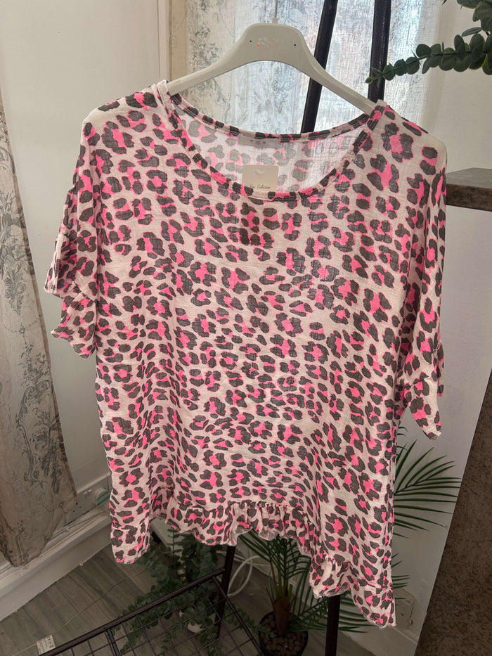 Frill Detail Linen Leopard Print Box Top