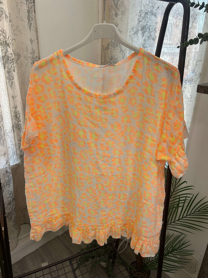 Frill Detail Linen Leopard Print Box Top