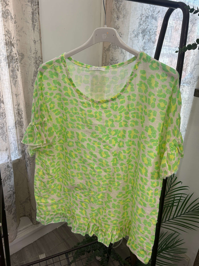 Frill Detail Linen Leopard Print Box Top