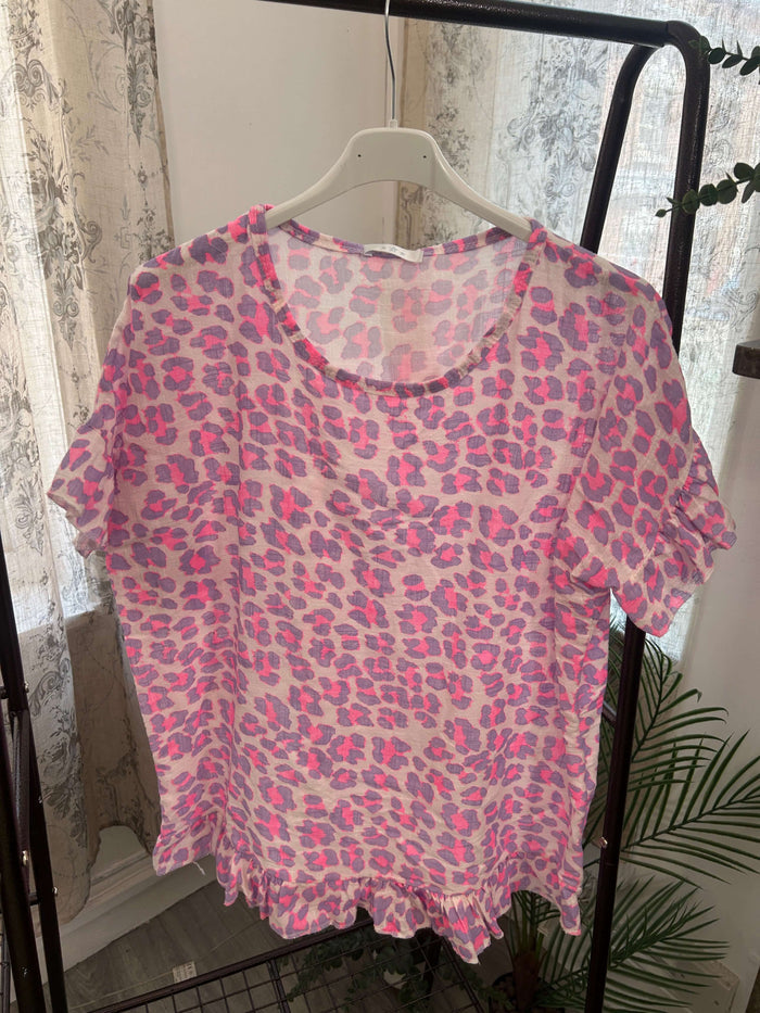 Frill Detail Linen Leopard Print Box Top