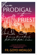 Book cover of 'From Prodigal to Priest' with silhouettes of people and a city skyline.