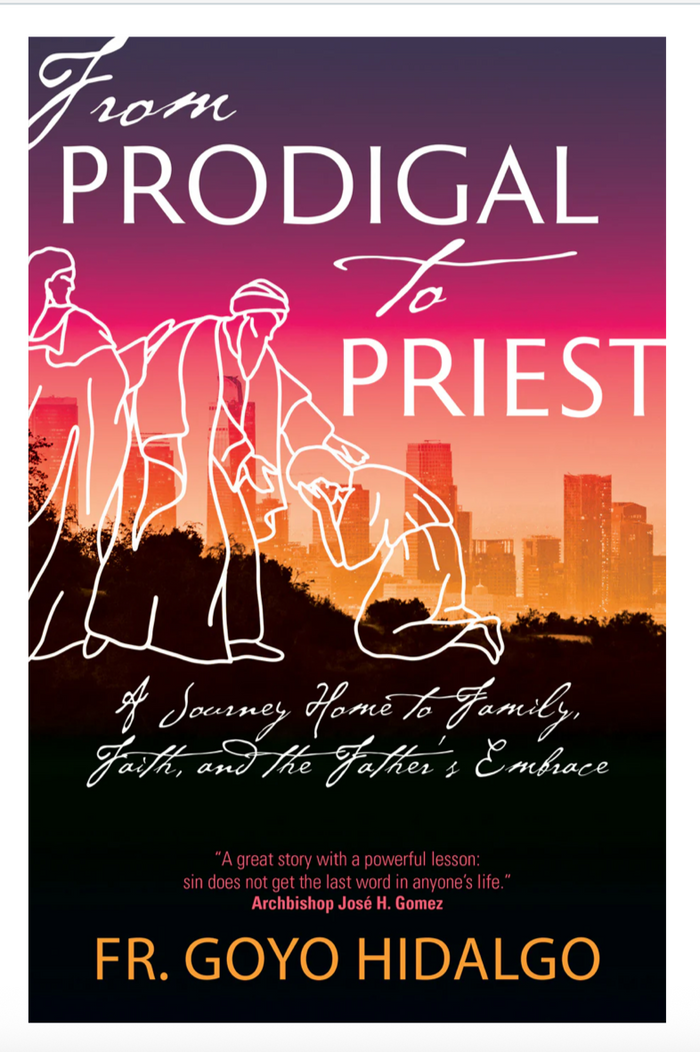 Book cover of 'From Prodigal to Priest' with silhouettes of people and a city skyline.