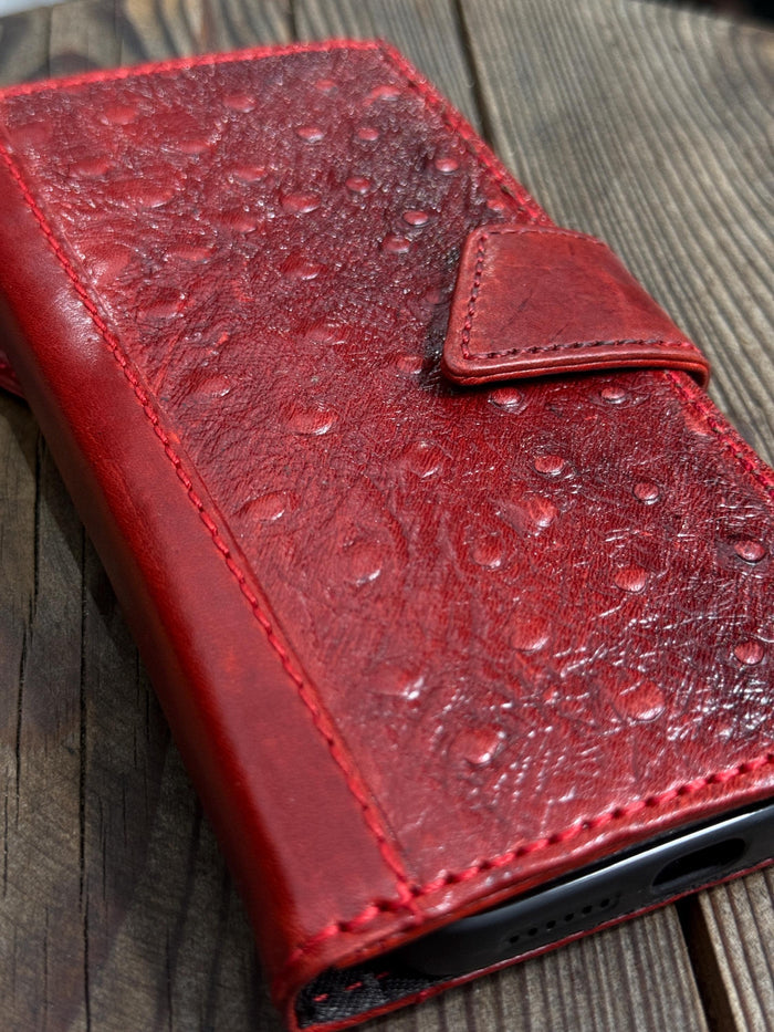 Genuine Leather Galaxy S22 S23 S24 Ultra Wallet Case: Red Heart