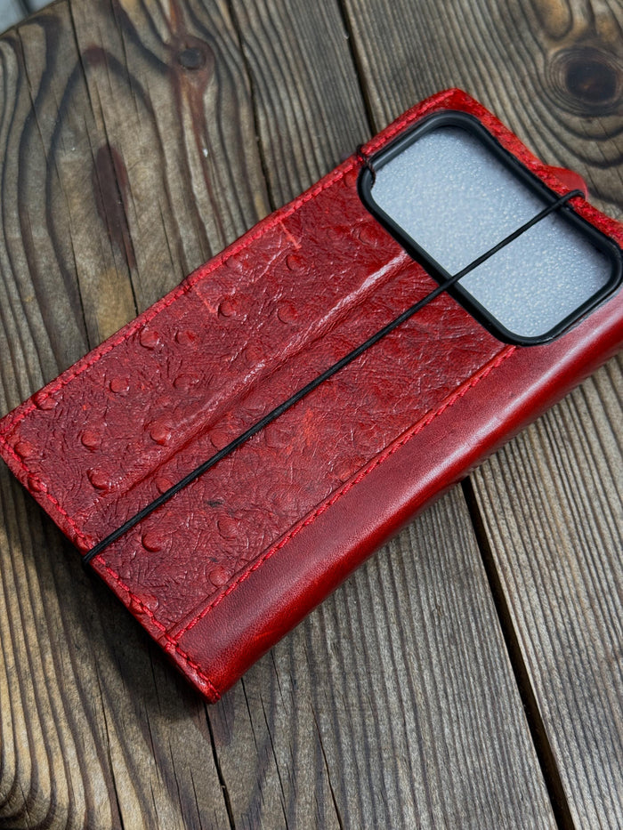 Genuine Leather Galaxy S22 S23 S24 Ultra Wallet Case: Red Heart