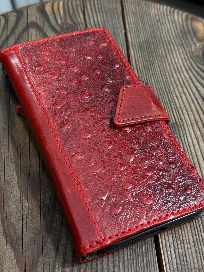 Genuine Leather Galaxy S22 S23 S24 Ultra Wallet Case: Red Heart