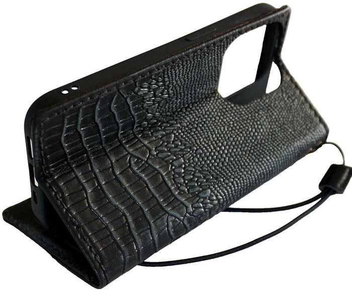 Genuine Leather Galaxy Wallet Case: Crocodile Art Black Cover