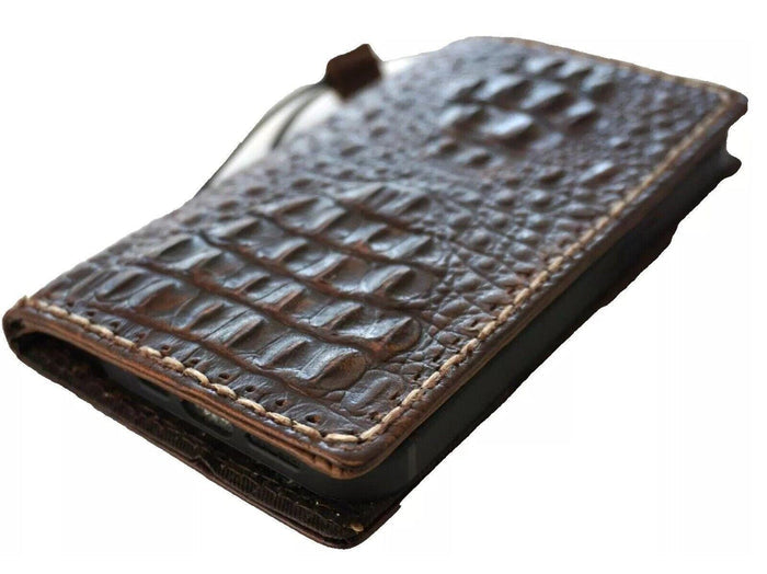Genuine Leather Google Pixel Wallet Case: Vintage Crocodile Design