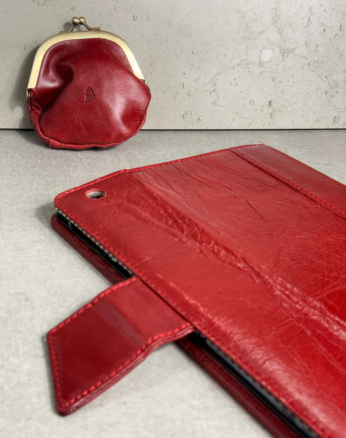 Genuine Leather iPad Pro Case: Slim Red Magnetic Cover with Card Slots