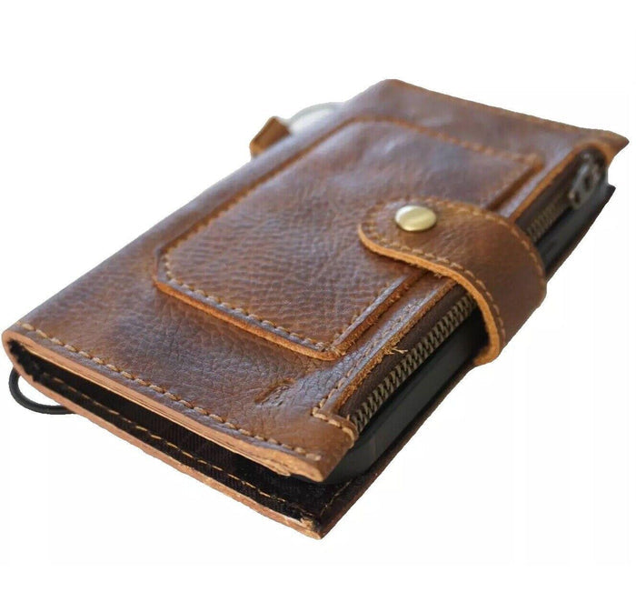 Genuine Leather iPhone Wallet Case: Credit Card Slots & Zipper