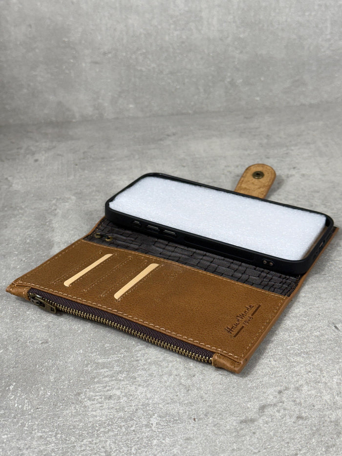 Genuine Leather iPhone Wallet Case: Credit Card Slots & Zipper