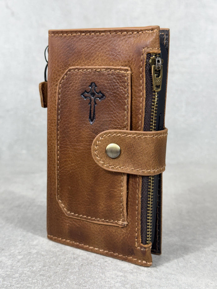 Genuine Leather iPhone Wallet Case: Credit Card Slots & Zipper