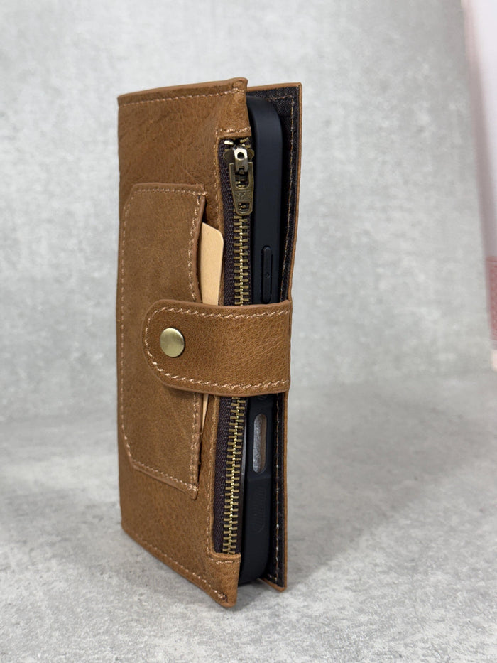 Genuine Leather iPhone Wallet Case: ID Window, Card Slots & Zipper
