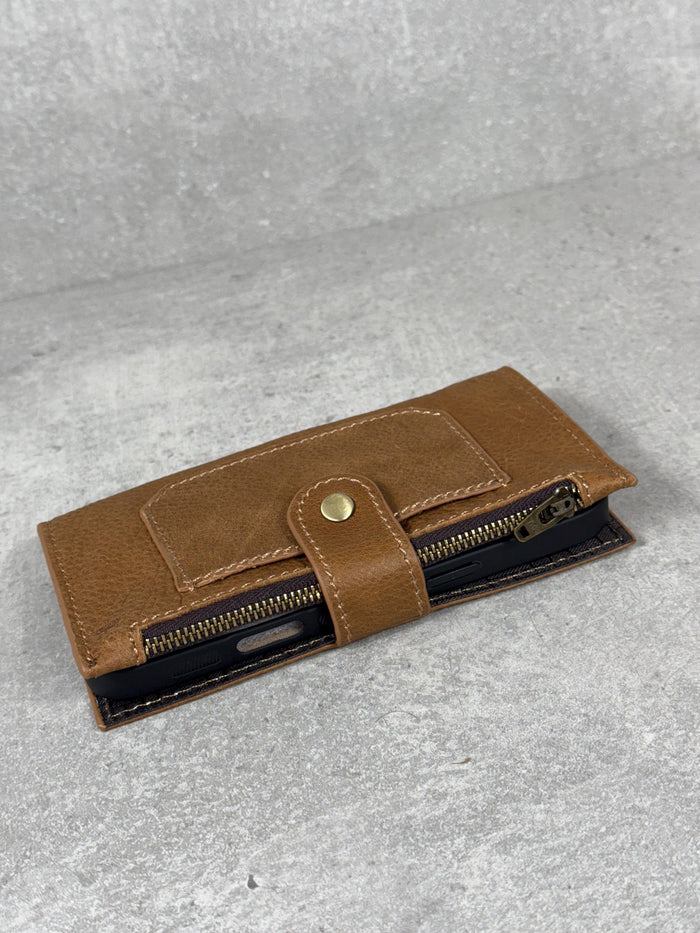 Genuine Leather iPhone Wallet Case: ID Window, Card Slots & Zipper