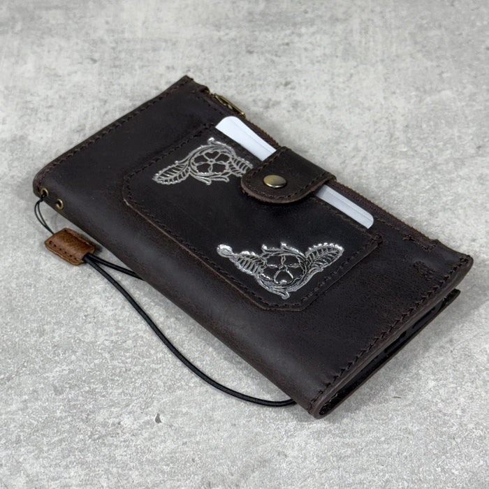 Genuine Leather iPhone Wallet Case: ID Window, Card Slots & Zipper