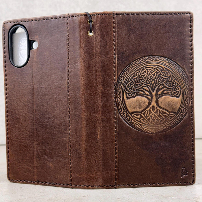 Genuine Leather iPhone Wallet Case: Tree Of Life Embossed Cover