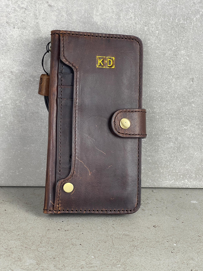 Genuine Leather iPhone Wallet Case: Vintage Book Style, Credit Card Slots