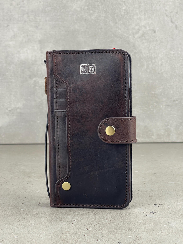 Genuine Leather iPhone Wallet Case: Vintage Book Style, Credit Card Slots