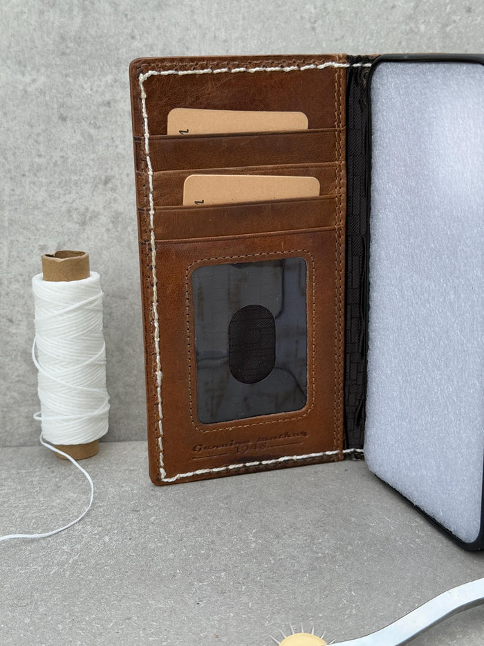 Genuine Leather iPhone Wallet Case: Vintage Book Style, Credit Card Slots