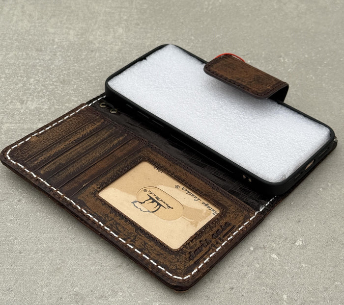 Genuine Leather iPhone Wallet Case: Vintage Book Style, Credit Card Slots