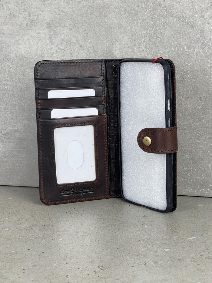 Genuine Leather iPhone Wallet Case: Vintage Book Style, Credit Card Slots