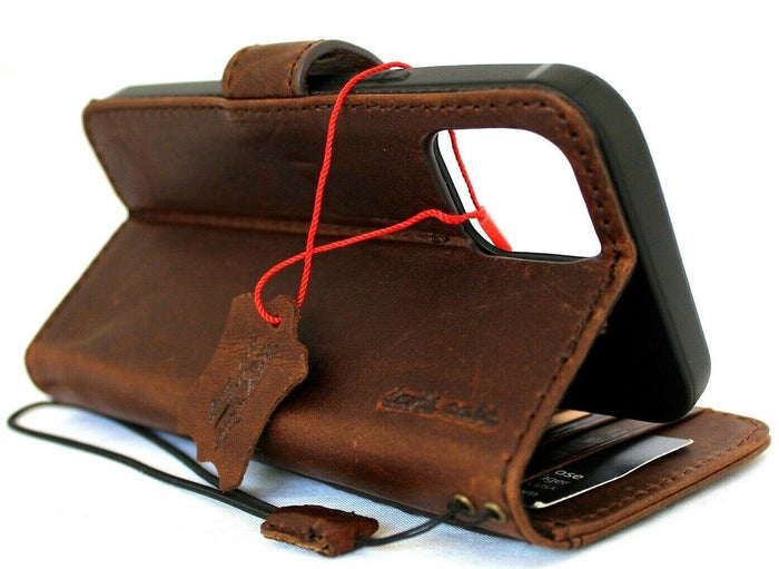 Genuine Leather Wallet Case: Vintage Book Style, Card Slots