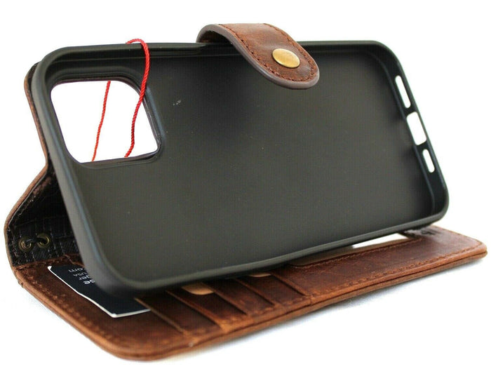 Genuine Leather Wallet Case: Vintage Book Style, Card Slots