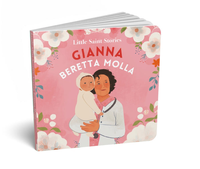 Book titled 'Little Saint Stories: Gianna Beretta Molla' with illustrations on a pink background
