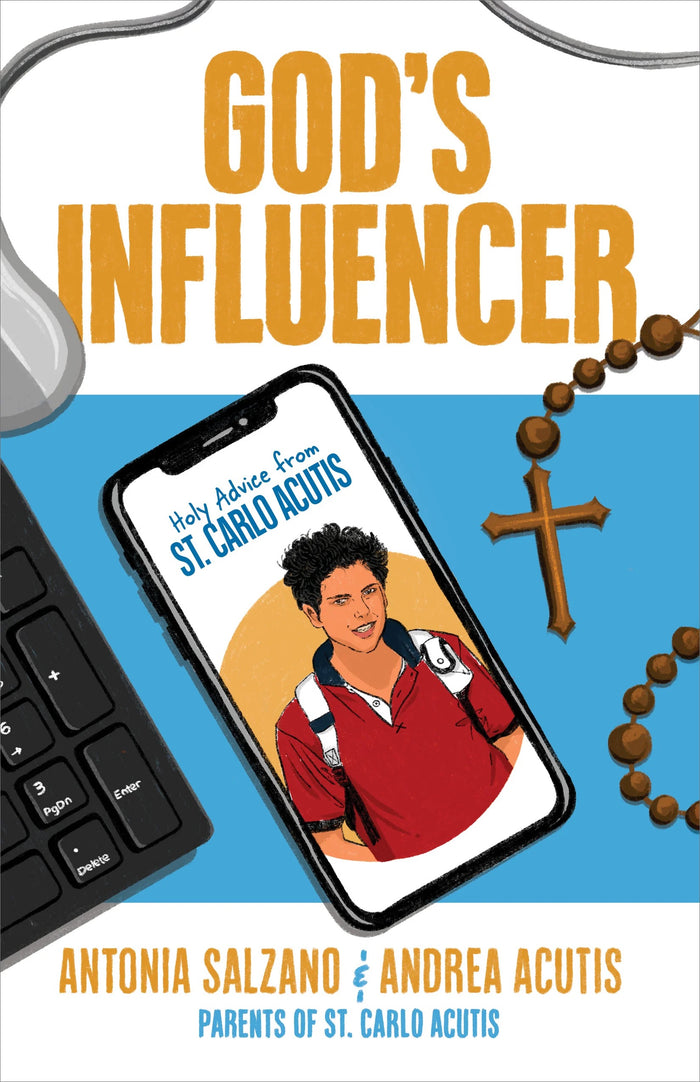 Book cover of 'God's Influencer' with a smartphone, keyboard, and rosary on a white background.