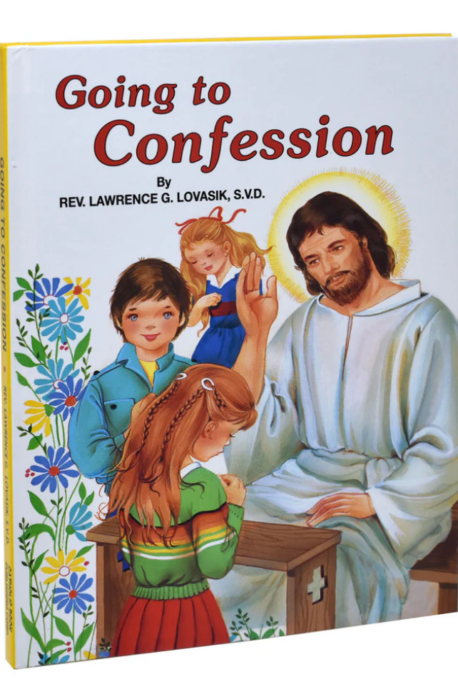 Book titled 'Going to Confession' with illustrations of children and a religious figure on the cover.