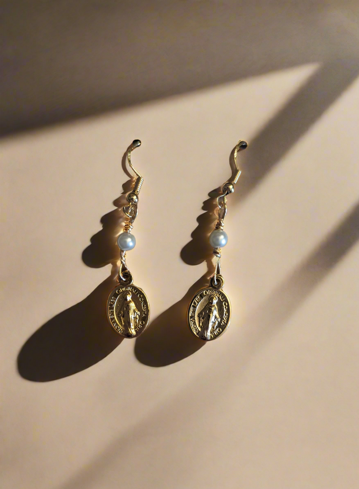 Gold Miraculous medal earrings