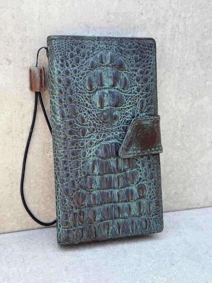 Green Leather iPhone Wallet Case: Handmade Vintage Book Style