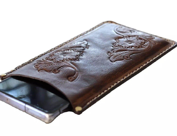 Hand Sewn Leather iPhone Wallet Case: Floral Tooled Design