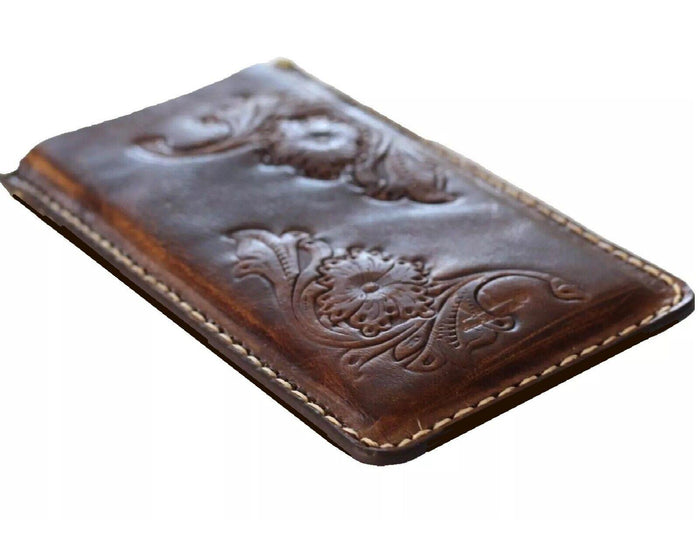 Hand Sewn Leather iPhone Wallet Case: Floral Tooled Design