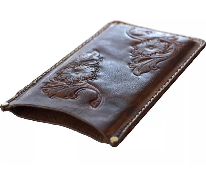 Hand Sewn Leather iPhone Wallet Case: Floral Tooled Design