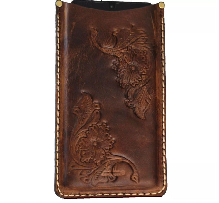 Hand Sewn Leather iPhone Wallet Case: Floral Tooled Design