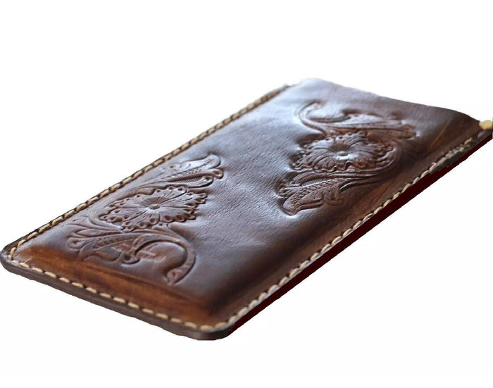 Hand Sewn Leather iPhone Wallet Case: Floral Tooled Design