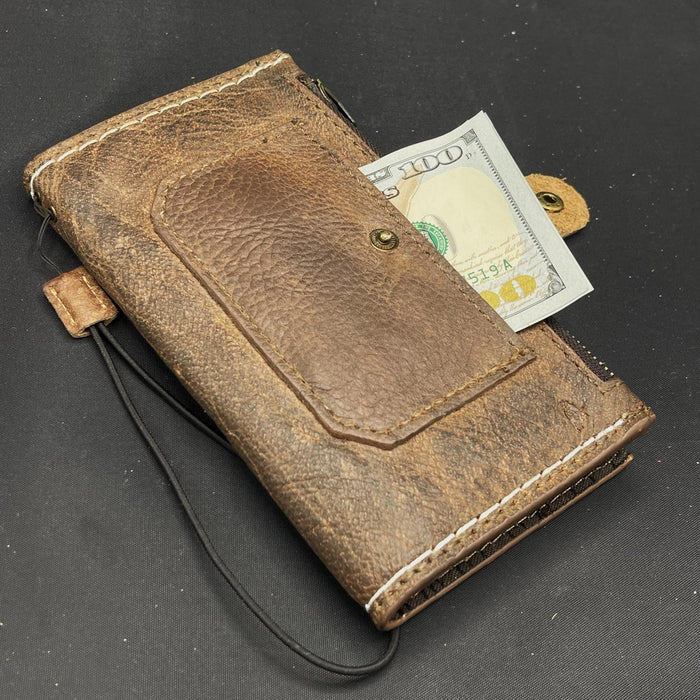 Hand-Stitched Leather iPhone Wallet Case: Card Slots & Zipper