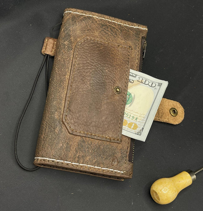 Hand-Stitched Leather iPhone Wallet Case: Card Slots & Zipper